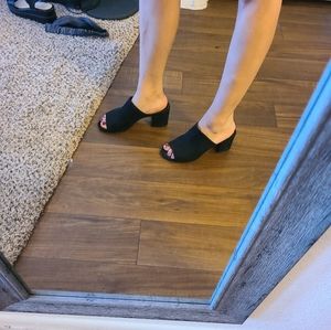 Faux suede black block heel slide shoes